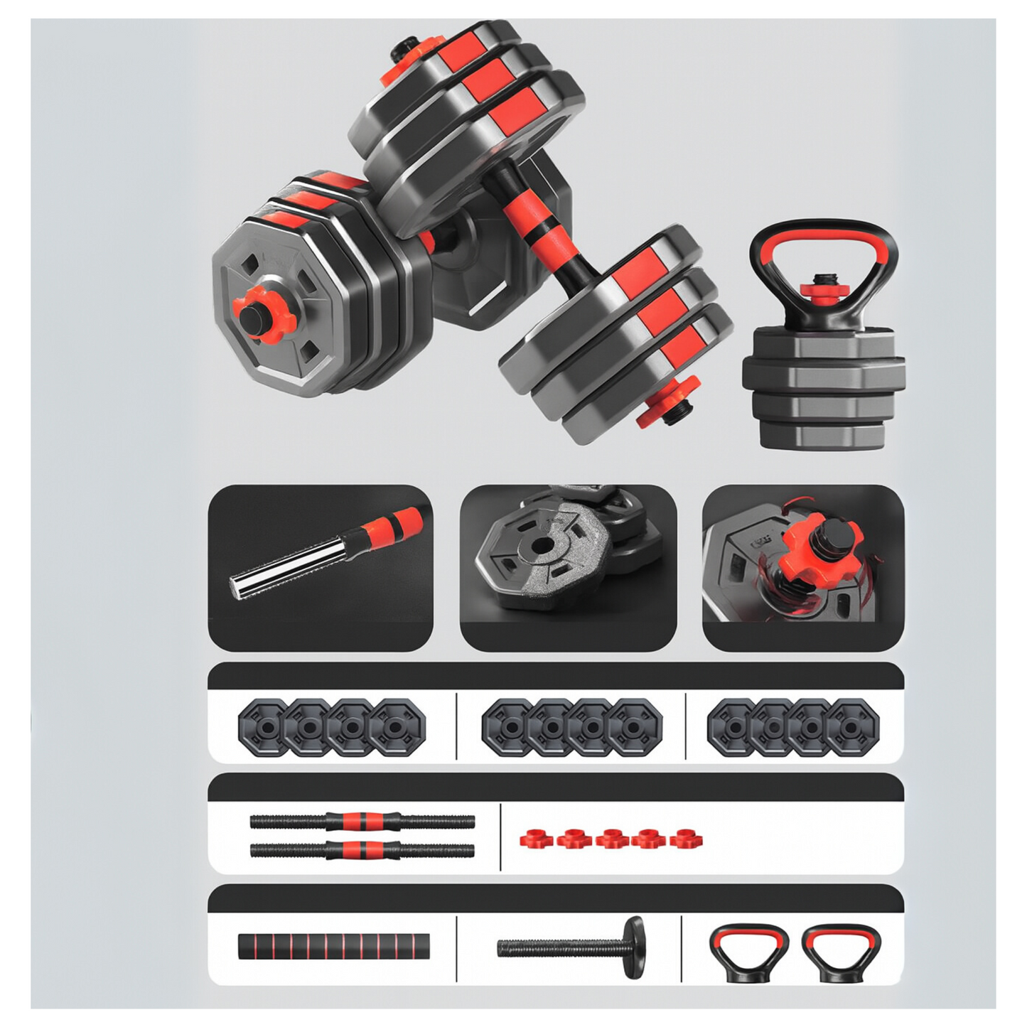 Set Mancuernas Ajustables Hexagonal Barra Rusa Kettlebell