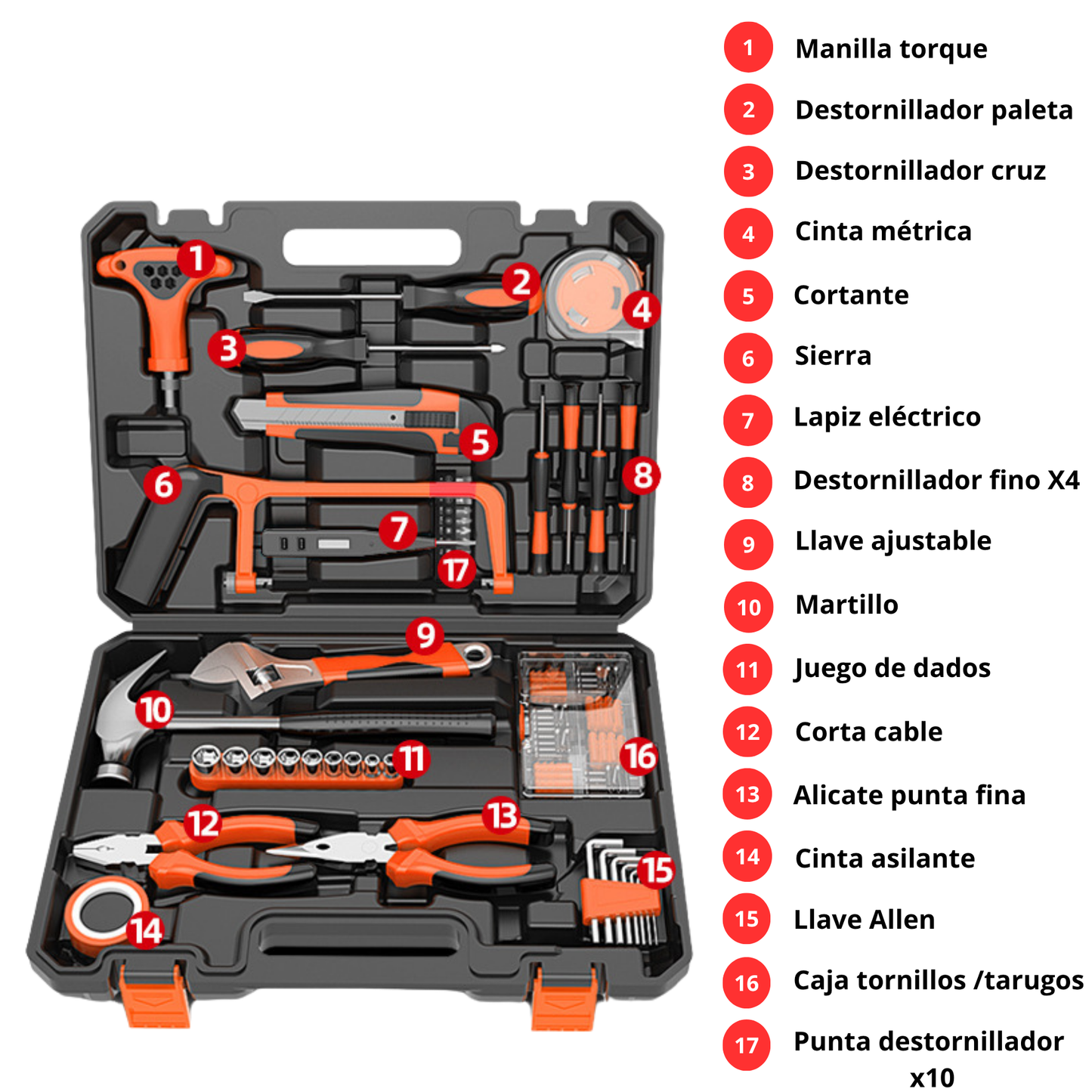 Set 135 piezas herramientas manuales + maletín portátil