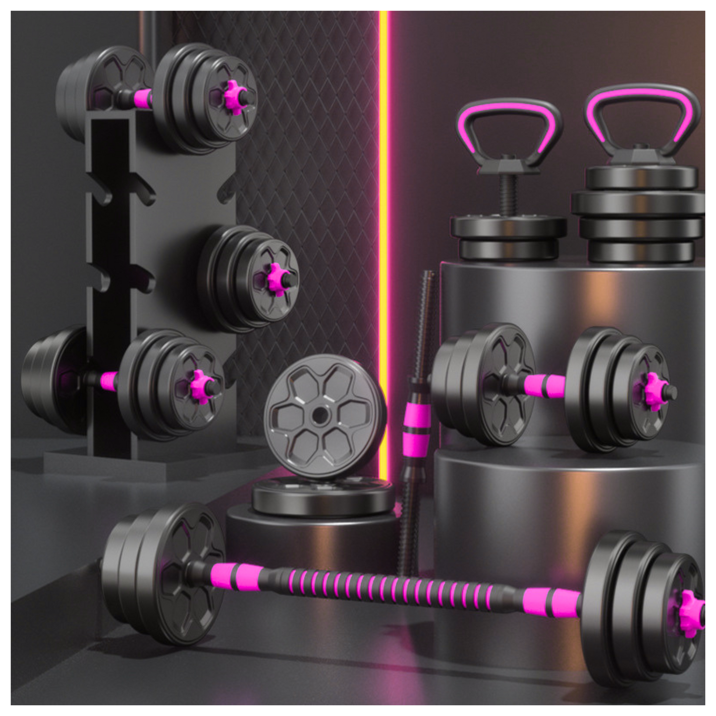 Set Mancuernas Ajustables Barra Rusa Kettlebell Pink
