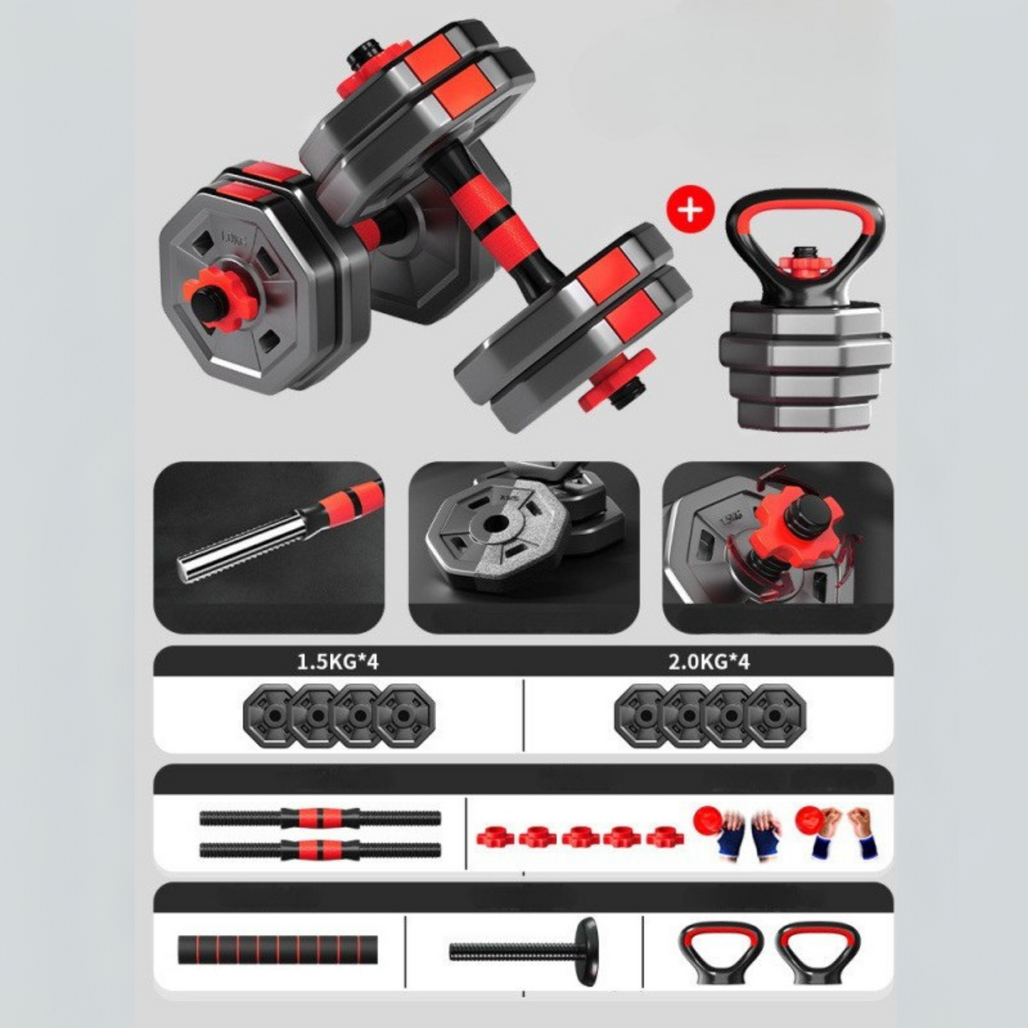 Set Mancuernas Ajustables Hexagonal Barra Rusa Kettlebell