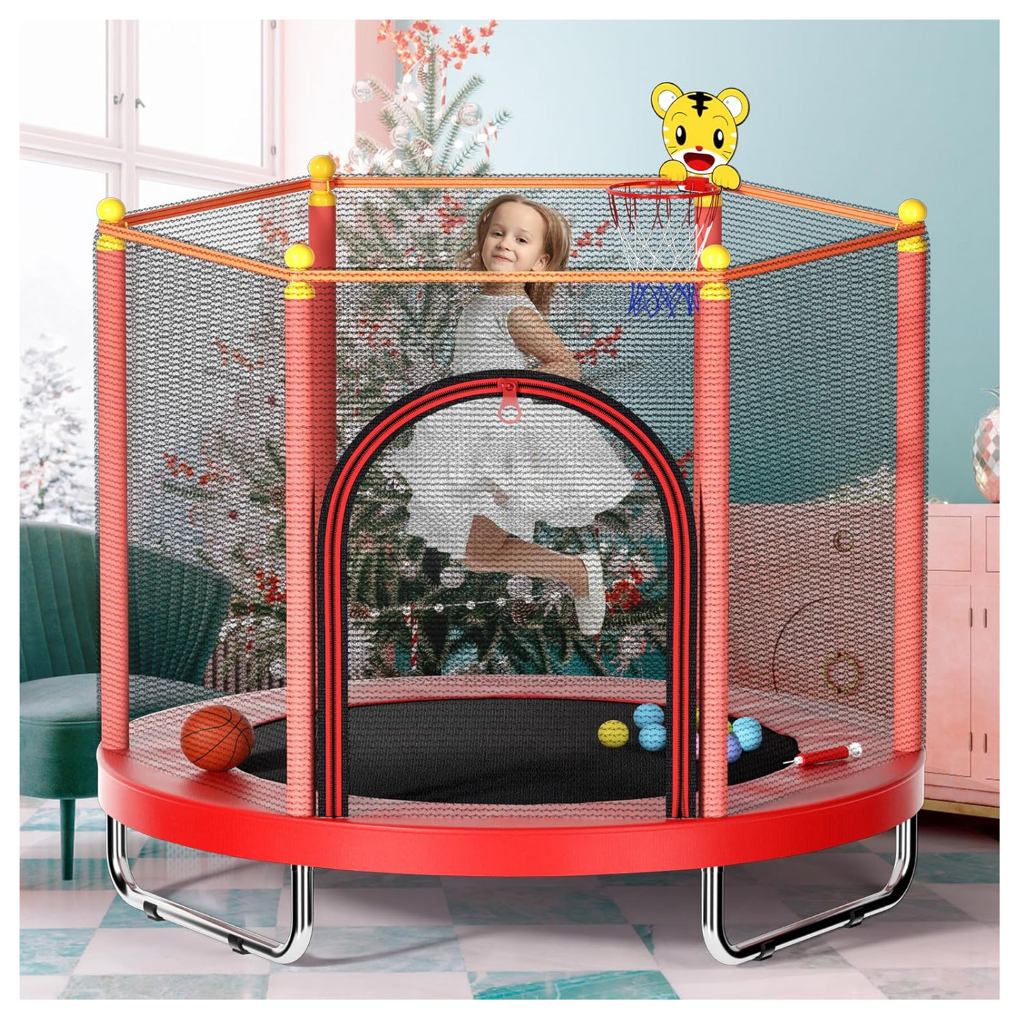 Cama Elástica Roja 150cm Con Barra y Juguetes