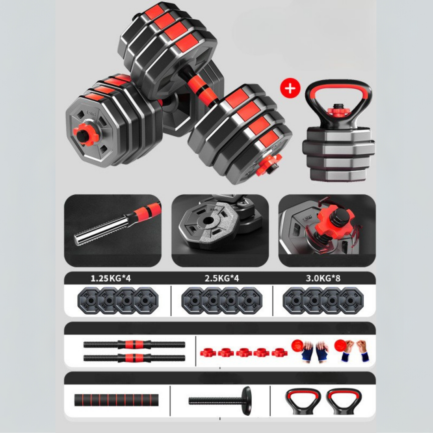 Set Mancuernas Ajustables Hexagonal Barra Rusa Kettlebell