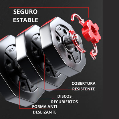 Set Mancuernas Ajustables Hexagonal Barra Rusa Kettlebell