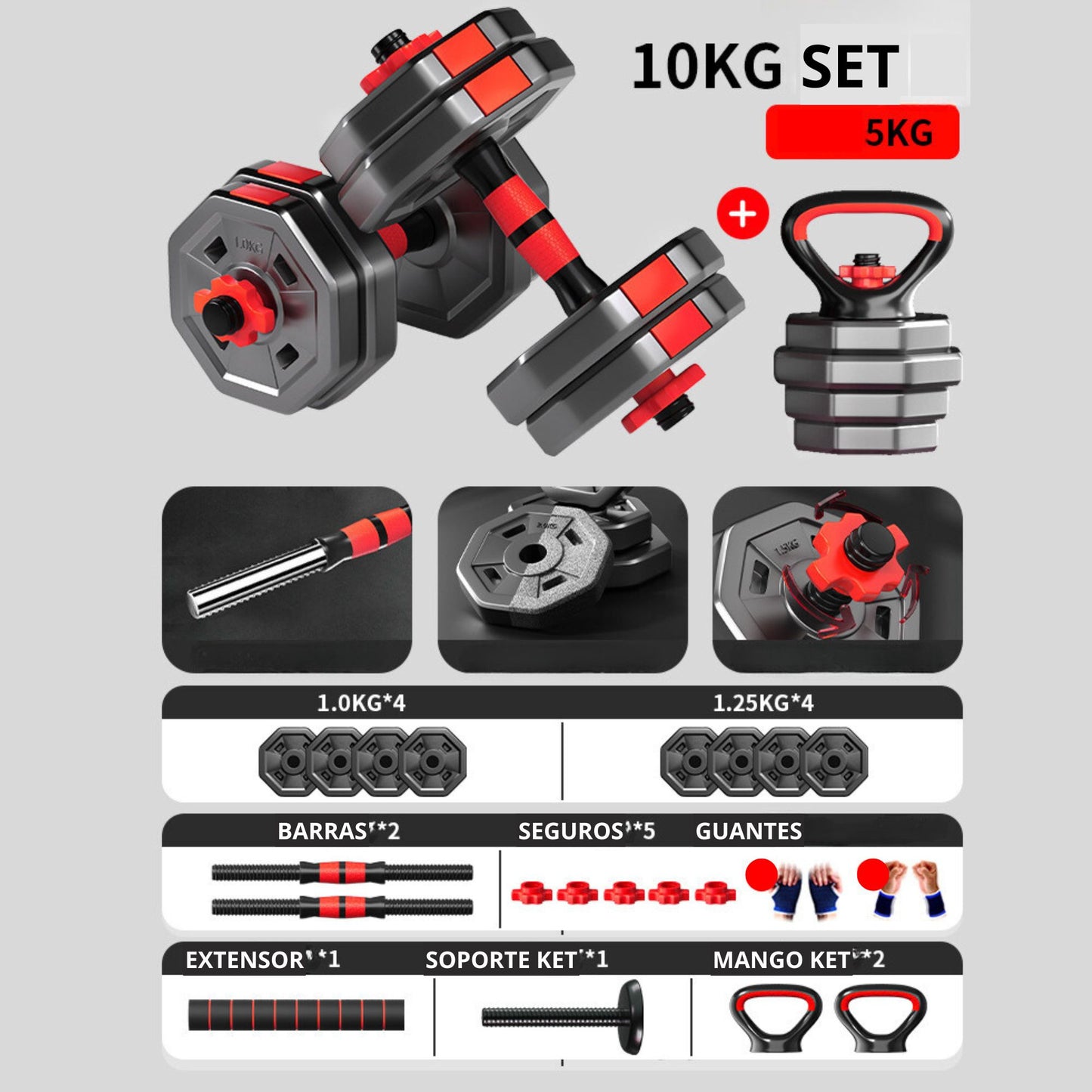 Set Mancuernas Ajustables Hexagonal Barra Rusa Kettlebell