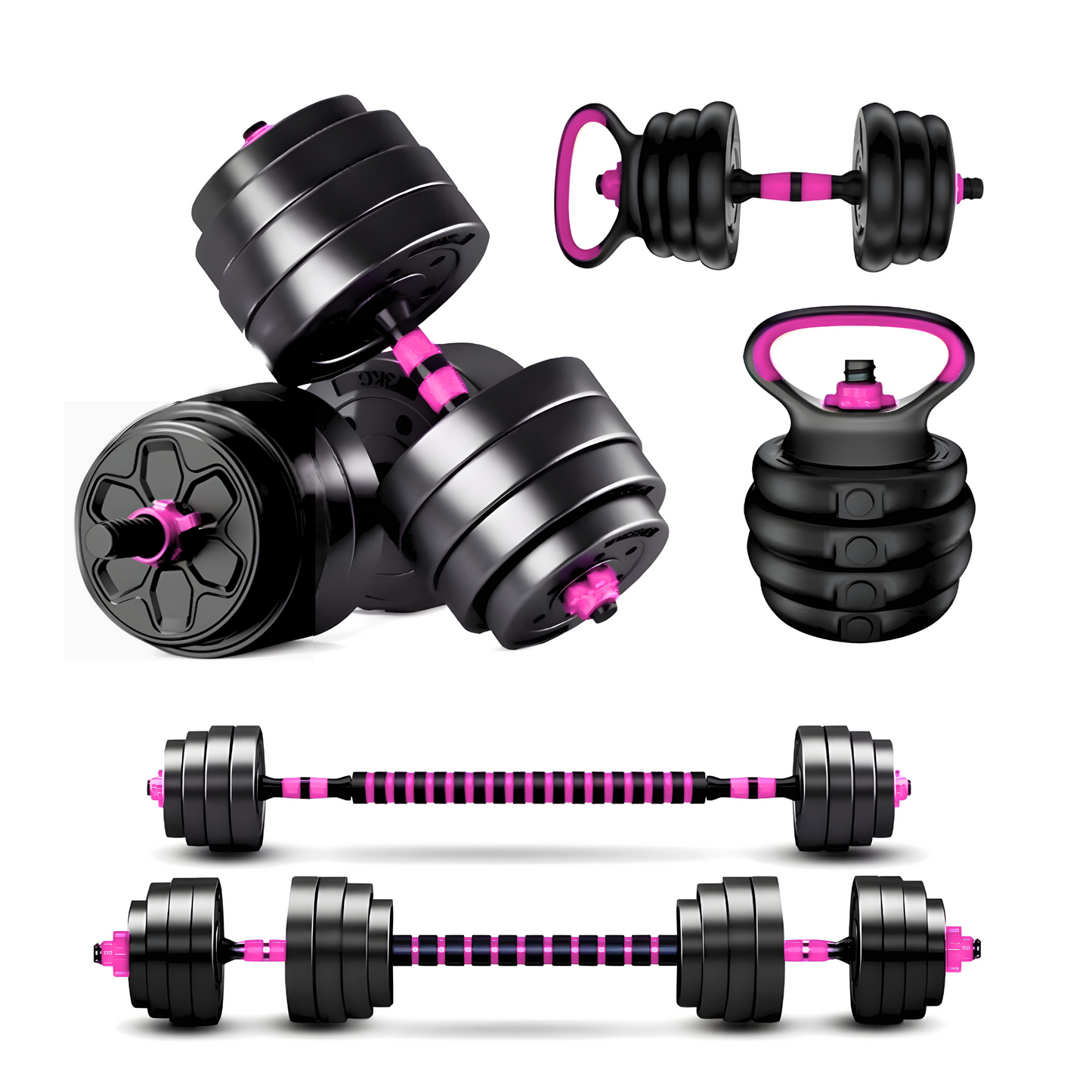 Set Mancuernas Ajustables Barra Rusa Kettlebell Pink