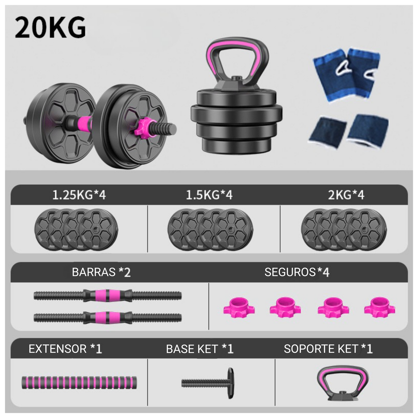 Set Mancuernas Ajustables Barra Rusa Kettlebell Pink