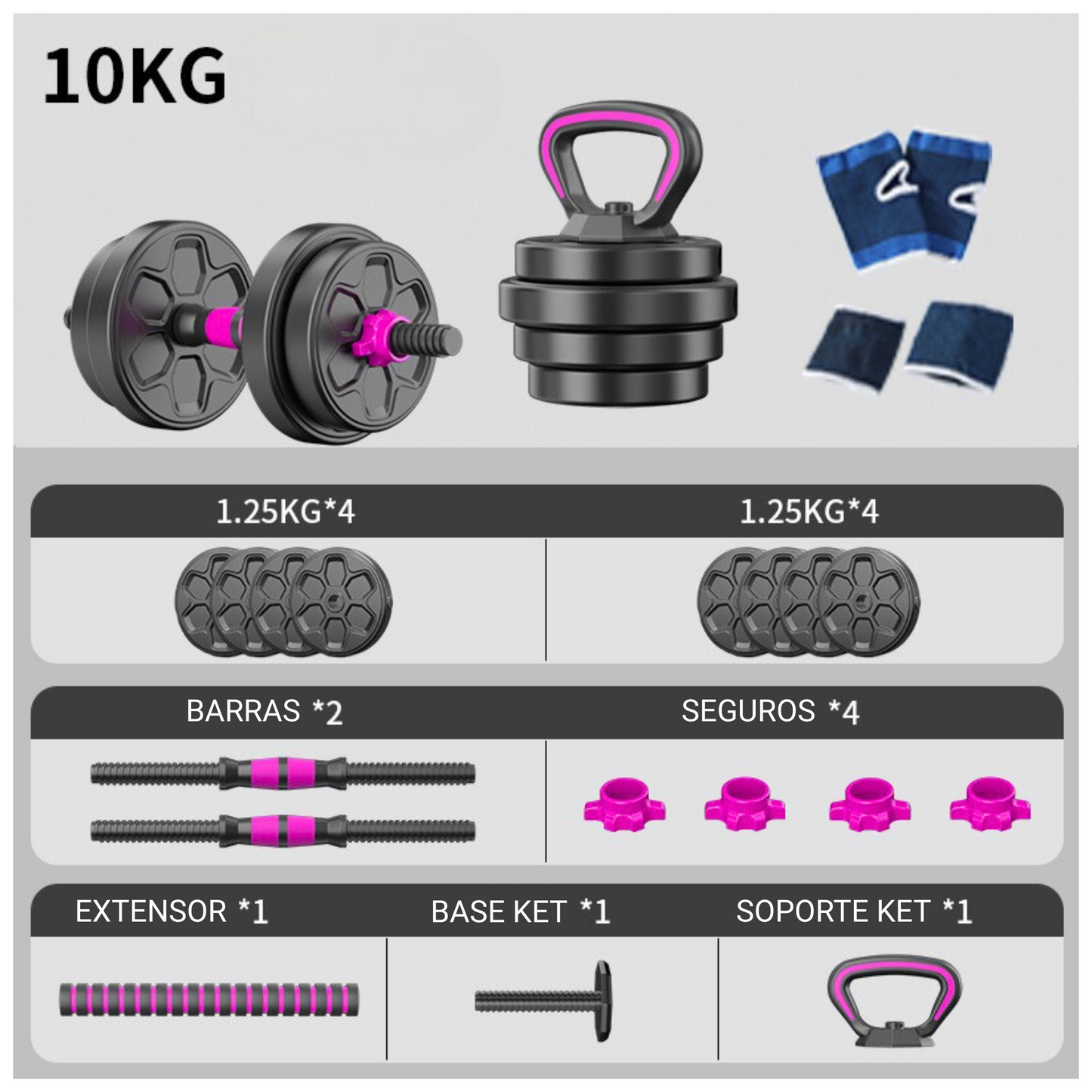 Set Mancuernas Ajustables Barra Rusa Kettlebell Pink