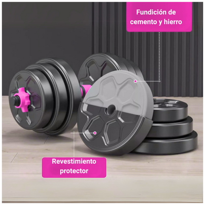 Set Mancuernas Ajustables Barra Rusa Kettlebell Pink